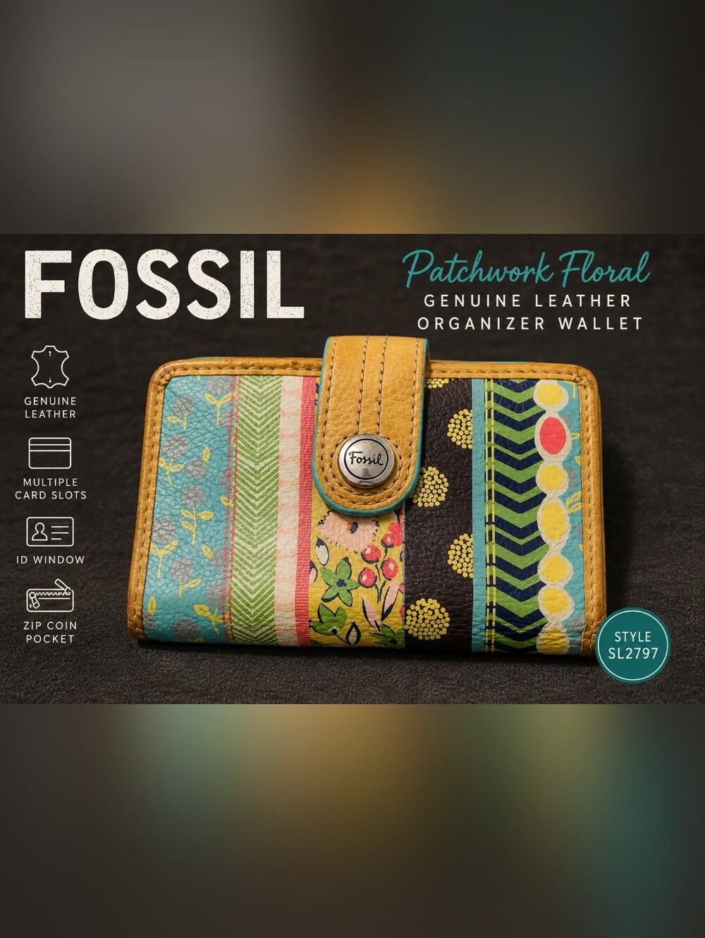 Fossil Patchwork Floral Genuine Leather Organizer Wallet Zip Around Coin Pocket
